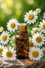 Obraz premium Amber glass bottle with chamomile essential oil sits on stone. White daisy flowers surround medicine container in nature. Natural herbal extract for aromatherapy, spa treatment organic skin care.