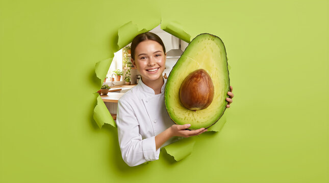 Smiling female chef holding a large halved avocado through a torn green paper background, kitchen interior visible behind her. Healthy eating, nutrition, food industry.