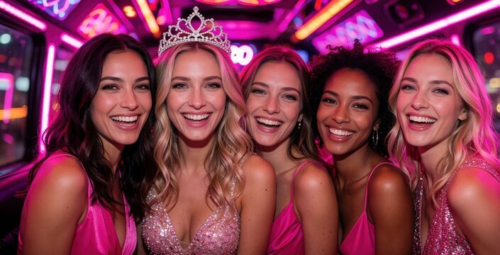Group of young women celebrate bachelorette party on neon lit party bus. Happy bridesmaids wear pink dresses, tiara laughing together. Best friends enjoy nightlife, clubbing fun during bride to