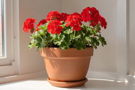 Ceramic flower pot with vibrant red geraniums on sunlit windowsill