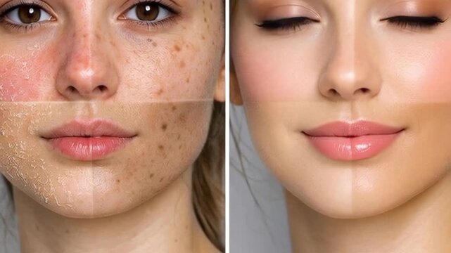 Split-Screen Comparison of Facial Skin Texture Before and After Cosmetic Retouching