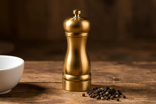 Polished brass pepper grinder on a rustic wooden kitchen counter