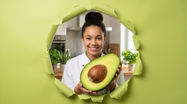 Young chef presenting halved avocado through torn green paper, smiling and looking at camera in kitchen setting. Cooking, healthy lifestyle, nutrition, food industry.