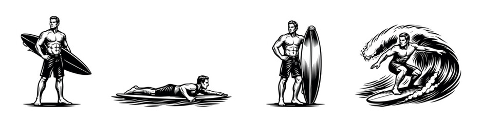 Fototapeta premium Surfer illustrations with surfboard and ocean waves in black and white vector style