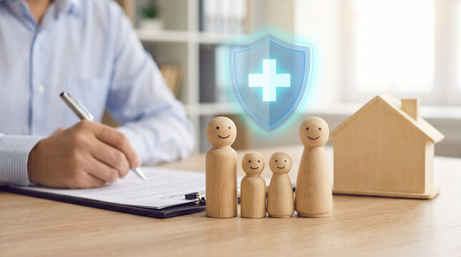 Insurance agent completing policy documents beside wooden family and house models with healthcare protection symbol.