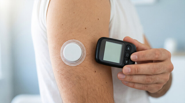 Person checking continuous glucose monitor sensor with handheld reader for daily diabetes management and control.