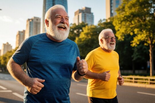 Happy overweight senior men jog together in city street. Two elderly male friends exercise during morning run in urban park. Smiling older guys improve fitness, health running outdoors. Active