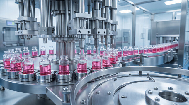 Automated pharmaceutical production line filling glass vials with liquid medicine in sterile manufacturing facility.
