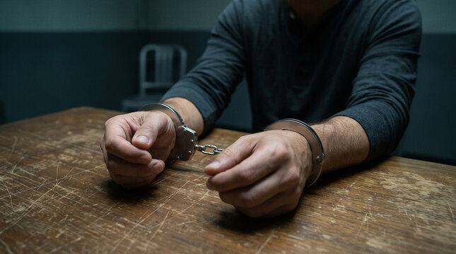 Handcuffed man sitting at interrogation table in police custody representing arrest and criminal investigation.