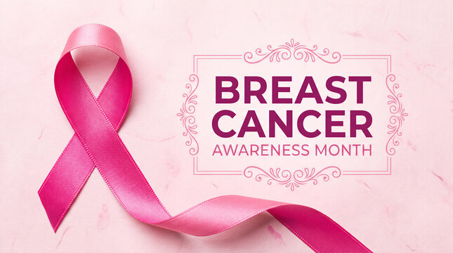 Pink ribbon with breast cancer awareness month message representing support prevention and early detection.