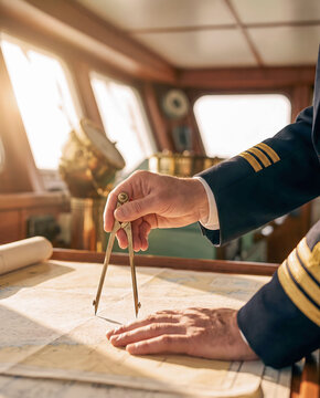 Maritime officer using compass on navigation chart inside ship's bridge with sunlight streaming