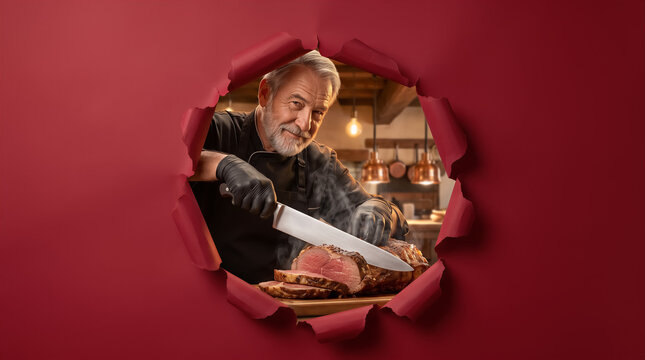 Senior chef slicing cooked meat on wooden board through torn red paper background, steam rising from roast, professional kitchen setting. Culinary arts, catering, restaurant industry, food service.