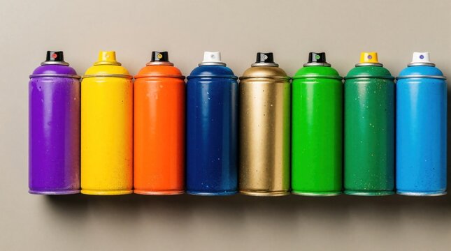 Flat lay of assorted spray paint cans in bright colors. Colorful aerosol containers arranged in row for street art, graffiti. Creative supplies for DIY projects, urban design, workshop use.