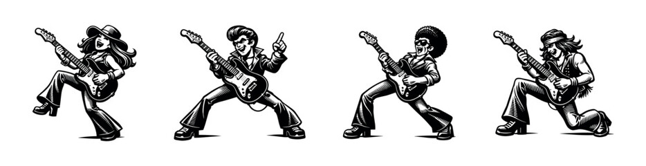Fototapeta premium Retro rock guitarists black and white vector illustration silhouette