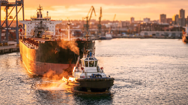 Tugboat assisting large cargo ship in harbor during sunset with city skyline in background