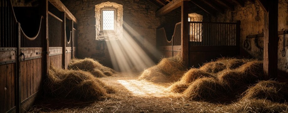 Sunlight streams into old stone stable with wooden stalls and piles of hay. Rustic interior creates peaceful atmosphere, evoking history and equestrian life. Barn setting is quiet and warm.