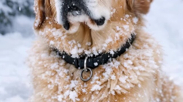Close-up of a Golden Retriever's face covered in snow with a black collar