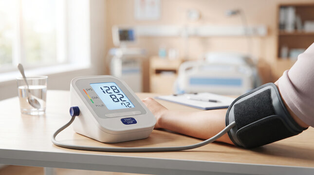 Arm with blood pressure cuff attached to monitor. A digital display shows systolic, diastolic, and pulse readings. This image represents health monitoring and medical technology