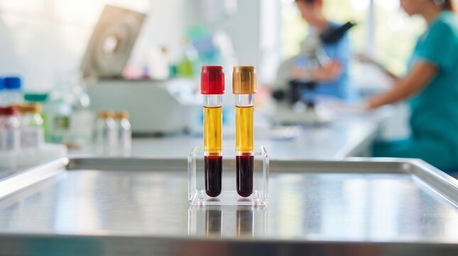 Blood sample tubes with serum separated for cholesterol testing on laboratory table. Scientist works with microscope in blurred medical lab background