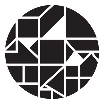 Abstract Geometric Circle Composition with Black and White Tangram Style Shapes Vector Illustration