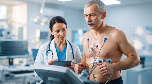 Senior man running on treadmill with ECG electrodes during cardiac stress test. Woman doctor monitoring heart data on tablet in modern clinic