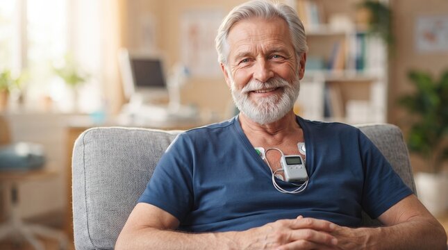 Smiling senior man wearing heart monitor with electrode sensors on chest sitting at home. Elderly patient using portable cardiac ECG device for continuous heart rhythm tracking