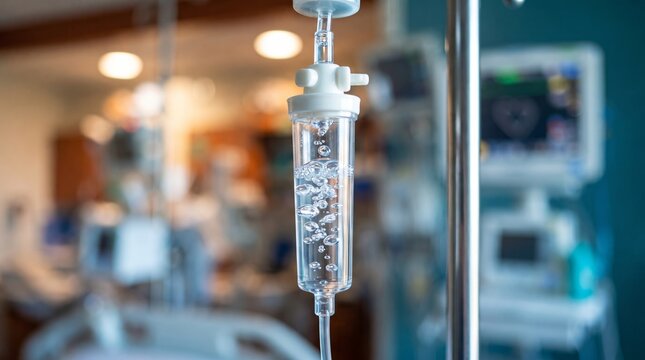 Intravenous drip chamber with saline solution hanging on stand in hospital ward. Blurred patient room with medical monitors and equipment in background