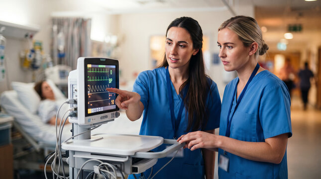 Nurses review vital signs on a patient monitor in a hospital room. One nurse points to the screen while another observes intently