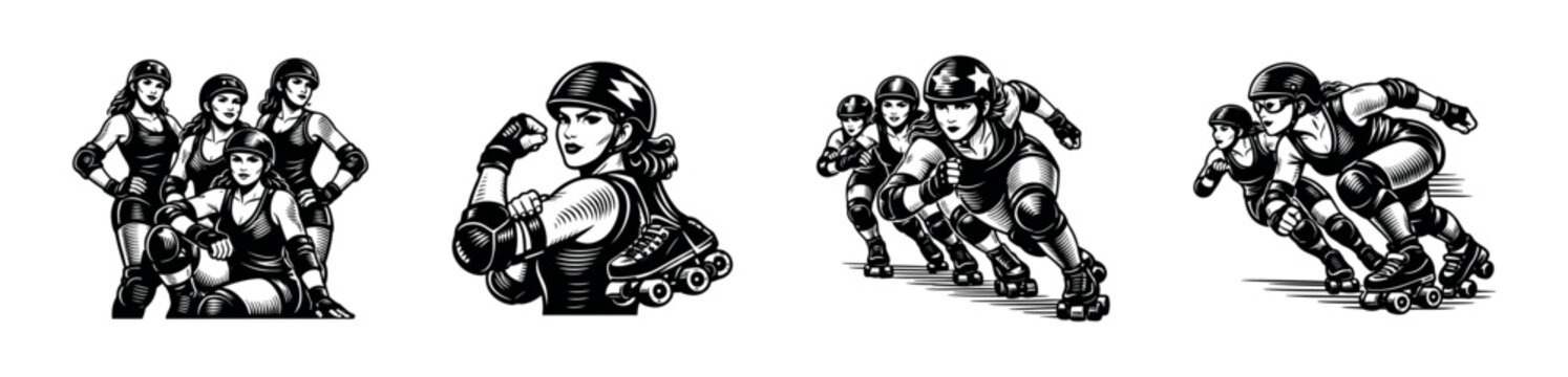 Black and white vector illustration of roller derby athletes, silhouette art style