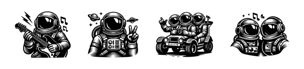 Black and white astronauts illustration set, vector art, space theme elements © UnIcons
