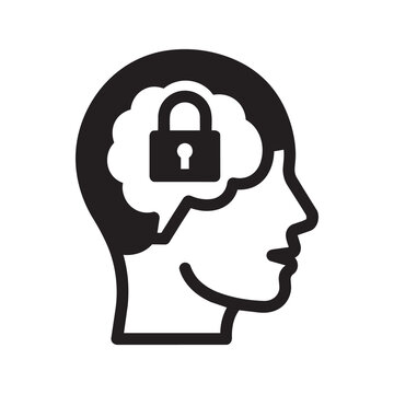 Black and White Vector Icon of Human Head Profile with Brain and Padlock Symbolizing Mental Privacy and Security