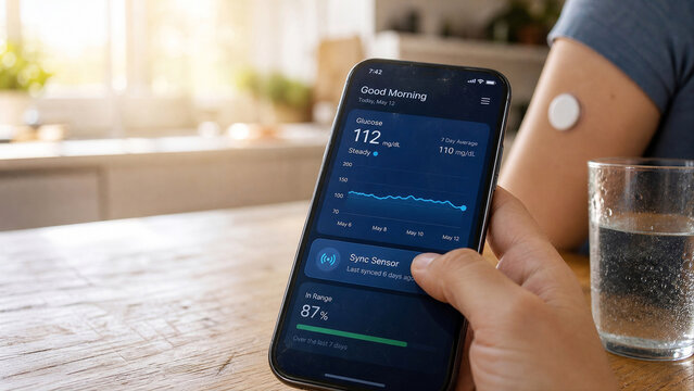 POV Health Monitoring App Close Up &mdash; Mobile Biometric Sensor Data Sync Interaction
