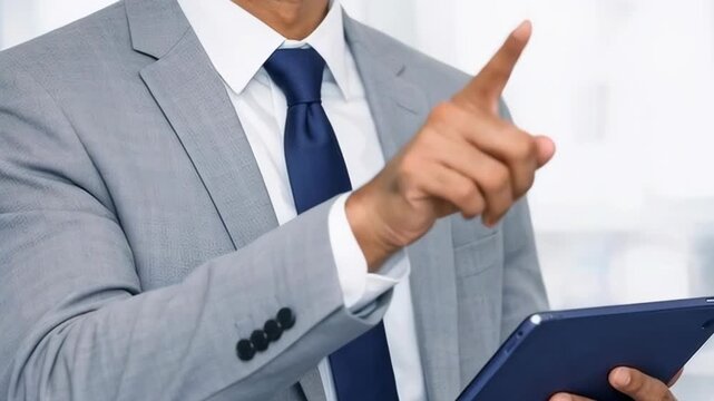 Businessman in Suit Presenting Information on Tablet