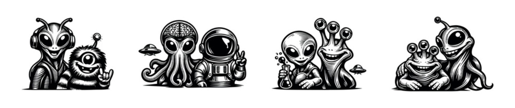 Black and white vector illustrations of whimsical extraterrestrial creatures silhouette clipart