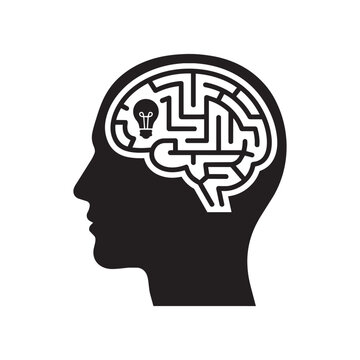 Human Head Silhouette with Brain Maze Labyrinth and Lightbulb Idea Vector Icon