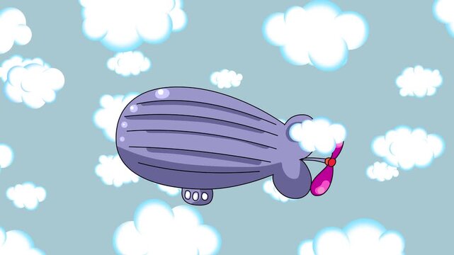 Zeppelin cartoon animation on clouds background. Big airship with propeller moving slowly on blue sky screen background.
