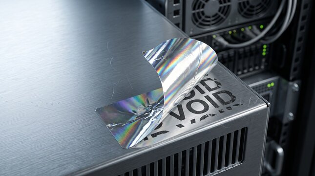 Holographic tamper-evident void seal on server hardware, silver security sticker showing void message, data protection and hardware security concept