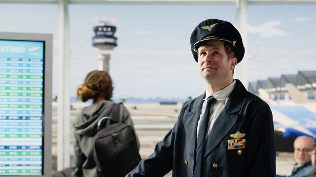 Smiling pilot captain in uniform at airport terminal window view, ready to fly, highlighting reliable aircrew service, transportation industry, modern airline operations and cabin crew.