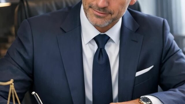 Close-up of a Professional Businessman in a Navy Suit and Tie