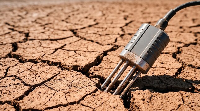 Soil moisture sensor probe in dry cracked earth, digital agriculture technology for drought monitoring, smart farming irrigation tool in parched soil