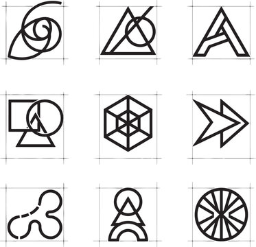 Set of abstract geometric line art logos, featuring various shapes and conceptual designs, modern vector illustrations.
