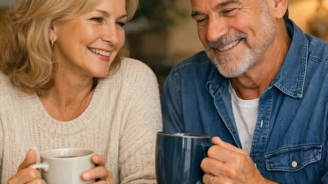 Smiling senior couple sharing coffee and enjoying a conversation