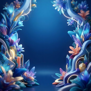 Abstract floral design frames deep blue gradient