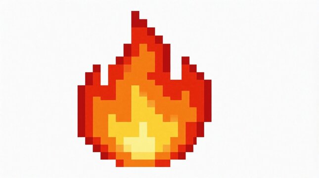 Retro pixel flame icon burns with warm orange and yellow hues. Simple graphic represents heat and energy, perfect for games and digital art projects. Element conveys warmth and intensity.