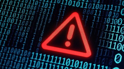 Red warning icon on digital screen with blue binary code. Computer system alert shows cyber attack danger, malware threat. Hacker breaches data security via virus hacking software on tech monitor