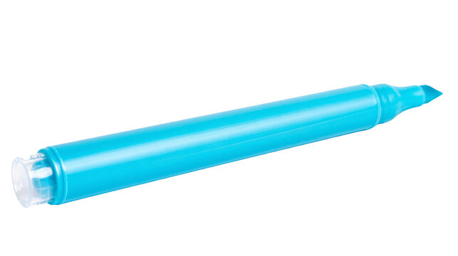 Isolated light blue highlighter pen with chisel tip for marking and drawing documents.