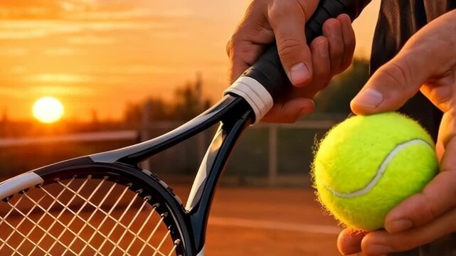 Close-up of a Person Holding a Tennis Ball and Racket at Sunset