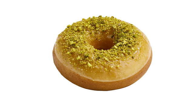 Isolated delicious glazed donut with crunchy pistachio topping, a sweet pastry treat.