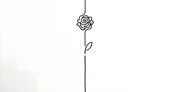 Minimalist continuous vertical line art drawing of a single rose flower with a stem and one leaf on a white background