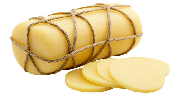 Isolated traditional Italian provolone cheese log wrapped in twine with fresh round slices